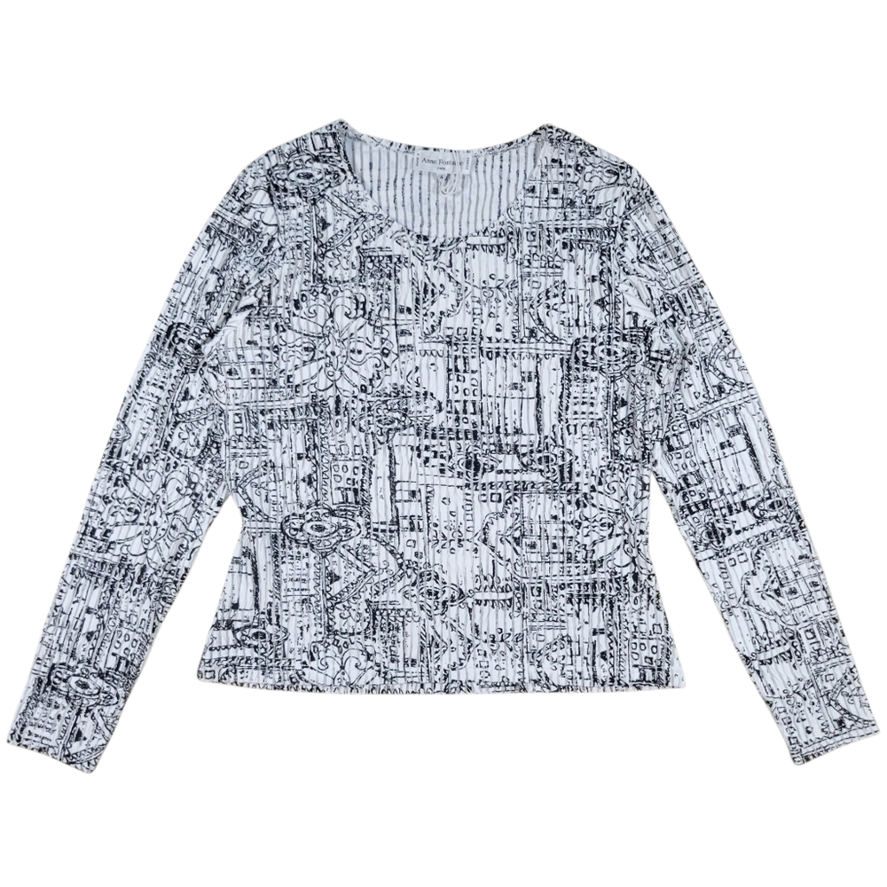 Anne Fontaine Top Womens 4‎ White Black Abstract Line Art Stretch Mickey Blouse